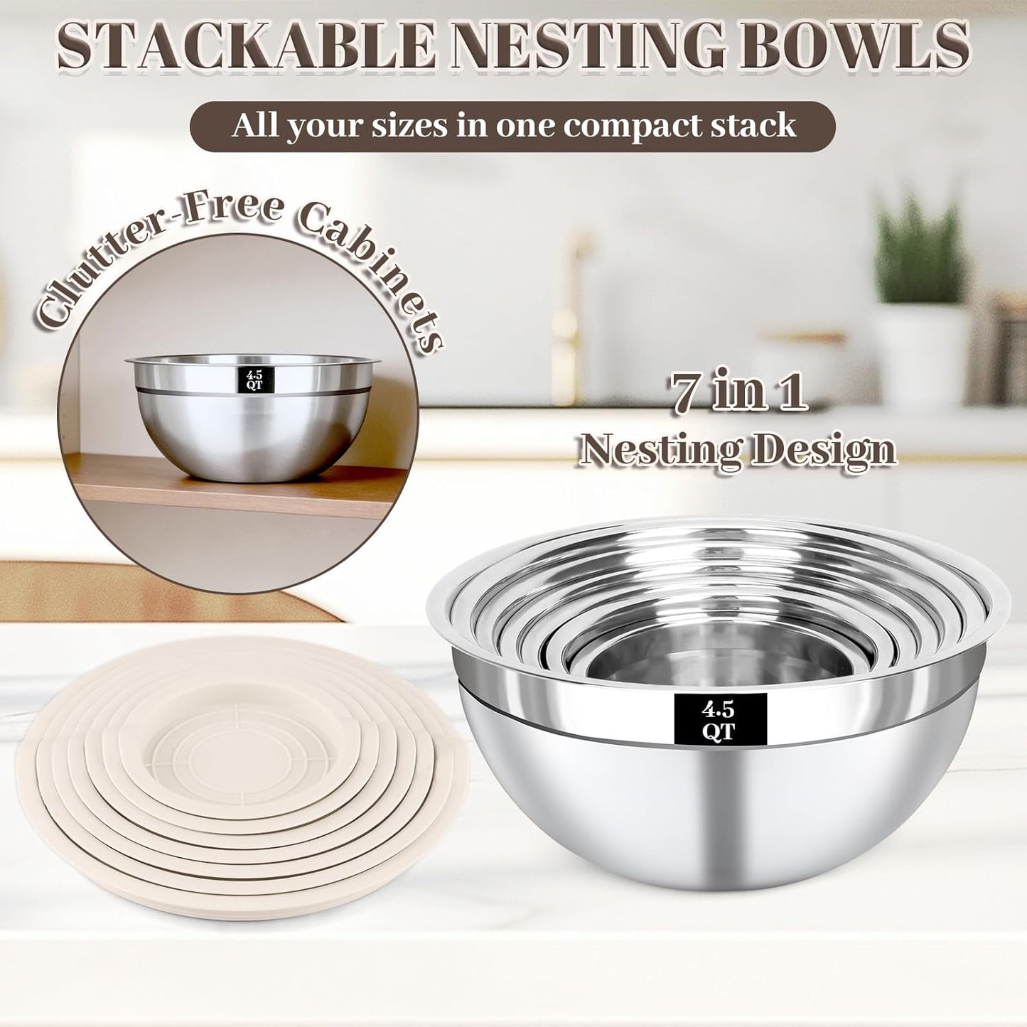 Stainless Steel Mixing Bowls Set by [Brand Name] - 7PCS with Lids for Baking & Meal Prep | Dishwasher Safe, Khaki
