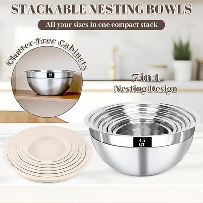 Stainless Steel Mixing Bowls Set by [Brand Name] - 7PCS with Lids for Baking & Meal Prep | Dishwasher Safe, Khaki