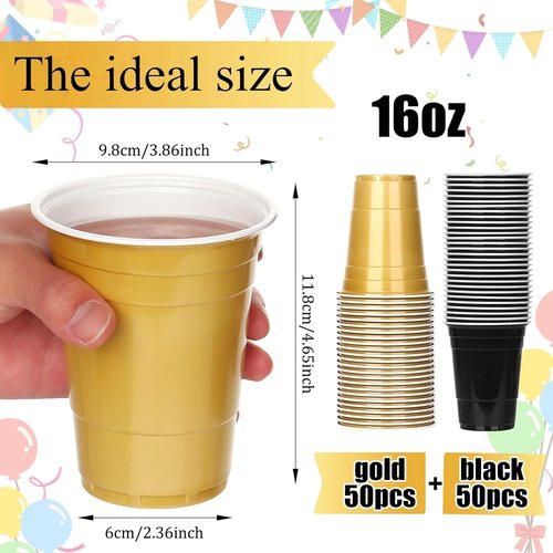KesaPlan 100PCS 16 oz Black and Gold Disposable Plastic Cups - Perfect for Graduation, Weddings & Parties