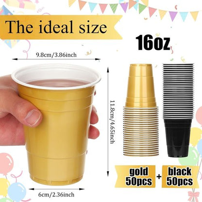 KesaPlan 100PCS 16 oz Black and Gold Disposable Plastic Cups - Perfect for Graduation, Weddings & Parties