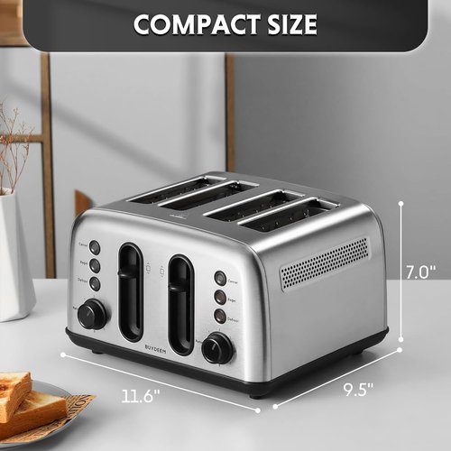 BUYDEEM DT440 4-Slice Stainless Steel Toaster - Extra Wide Slots for Bagels & Muffins, Retro Silver Finish