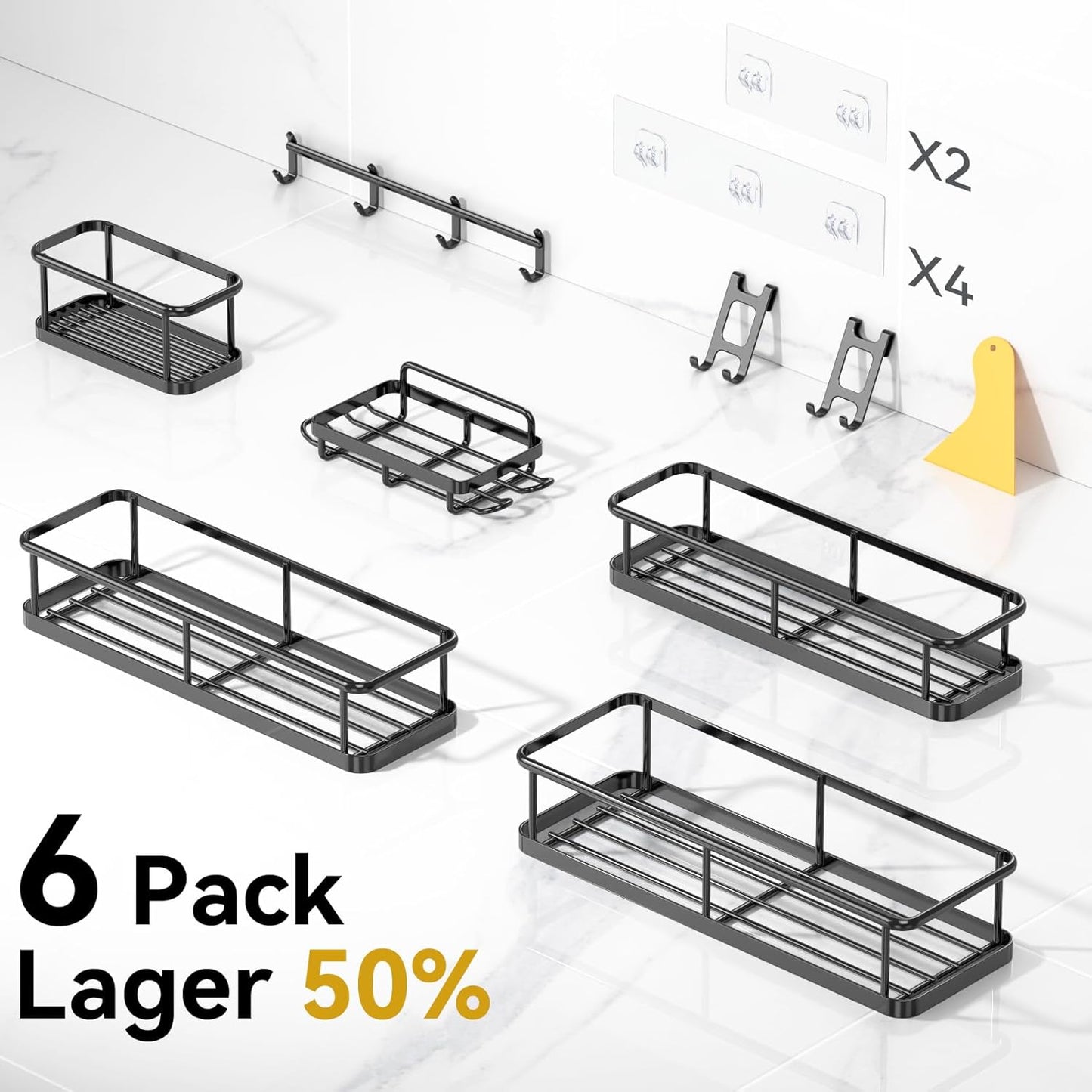 YASONIC Shower Caddy - 100% Rustproof Adhesive Organizer with Soap Holder | 6-Pack Large Capacity Shelves