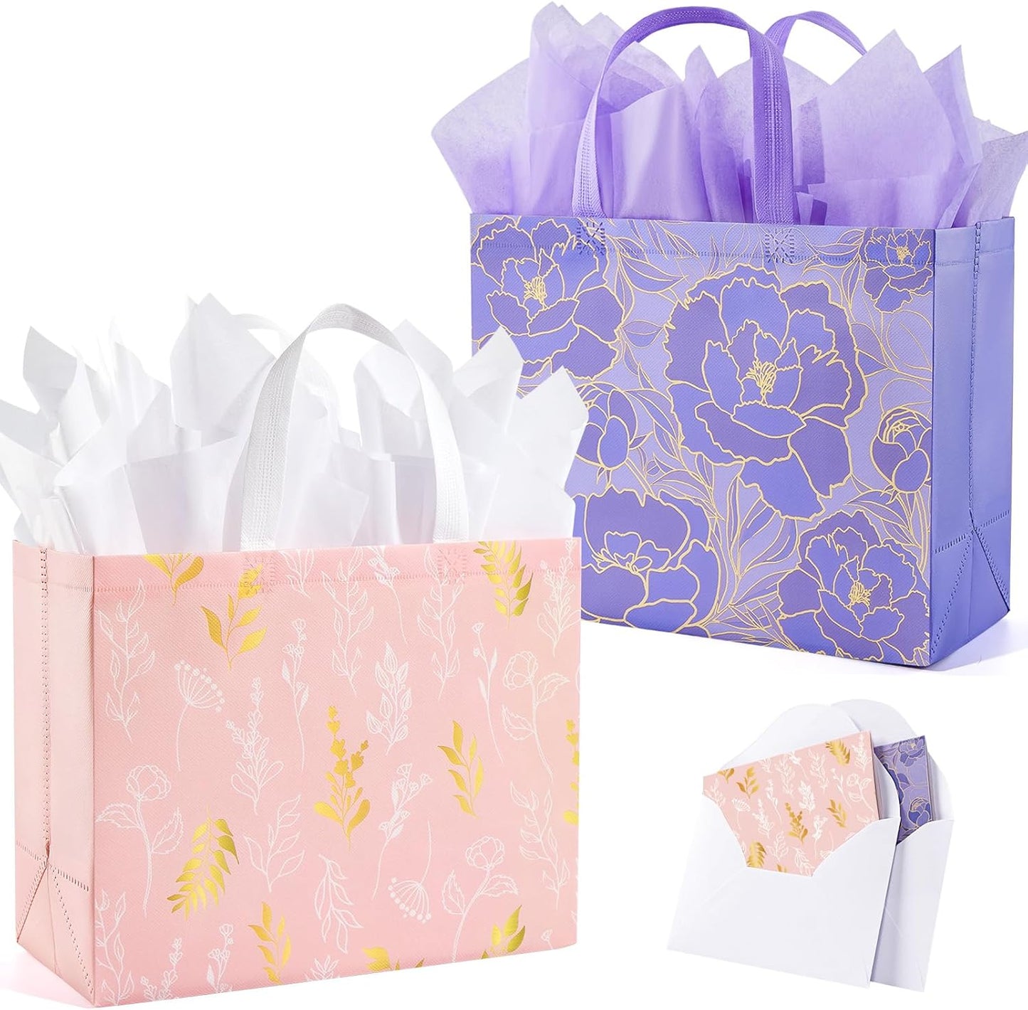 YANGTE 2 Pack Large 13" Reusable Gift Bags - Beautiful Design with Greeting Card & Tissue Paper for Birthdays, Weddings, & Special Occasions