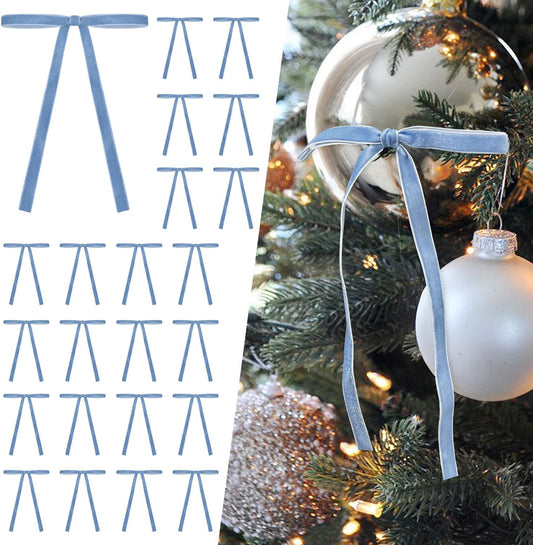 SIMISI Ribbon | 24Pcs Light Blue Velvet Christmas Bows - Vintage Decor for Tree, Wreath, Garland (3/8'' Width)
