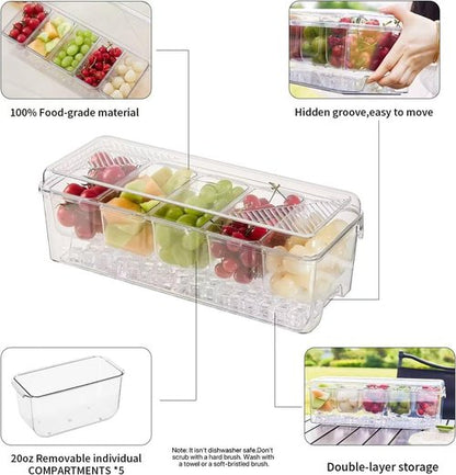 Ice Chilled Condiment Caddy,Stackable Chilled Condiment Containers,Serving Platters with Lid and 5 Removable Compartments,Set of 5 Serving Spoons & 2 Clips (1pack)