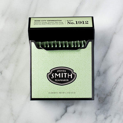 Smith Teamaker | Rose City Genmaicha No. 1912 - Sencha, Genmai, Mao Feng Green Tea & Rose Petals | Caffeinated Roasted Rice Full Leaf Green Tea Blend (15 Sachets, 1.26oz each)