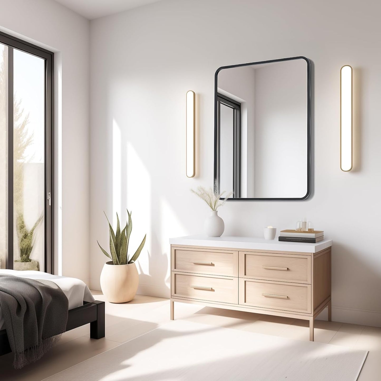 USHOWER Black Bathroom Mirror - 22 x 30 Inch Matte Rectangle Mirror with Rounded Metal Frame