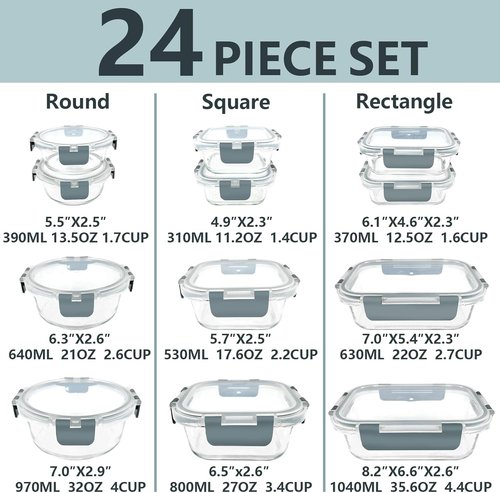 Glass Food Storage Container Set by [Brand Name] - 12 Pack Non-Toxic Borosilicate Meal Prep Containers | Microwave, Oven, Freezer Safe (Gray)