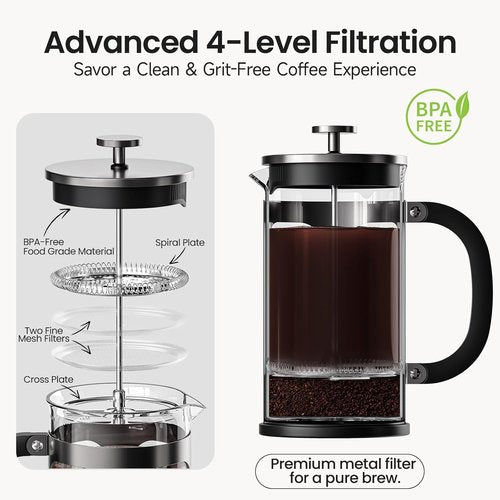 BAYKA French Press Coffee Maker - 21 Ounce Heat Resistant Borosilicate Glass | Dark Pewter Single Serve Brewer