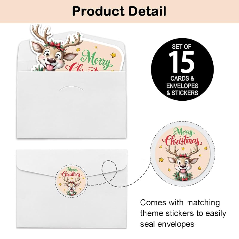 Christmas Elk Invitation Set with Envelopes & Stickers – 15 Cards, 15 Envelopes, 15 Seals