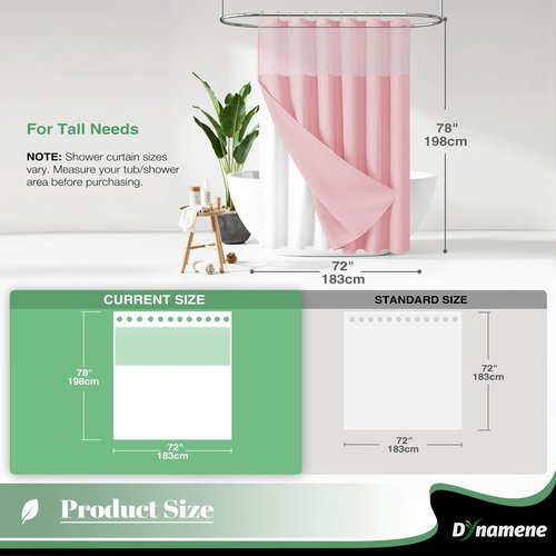 Dynamene 78 Inch Long Shower Curtain, Tall Waffle Fabric Shower Curtains for Bathroom, Hotel Waterproof Cloth Shower Curtain Liner Set with Hooks, Snap in Liner, Mesh Top Window, Pink, 72x78