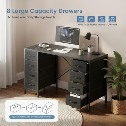 DUMOS 47-Inch Computer Desk - Stylish Office & Gaming Desk with 8 Fabric Drawers | Black