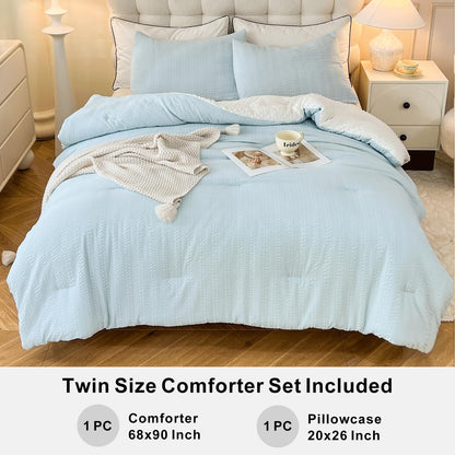tohrisa Boho Comforter Set Twin Size Striped Pleats Bohemian Seersucker Bedding Set All Season Soft Cozy 2 Pieces Quilt with 1 Pillowcase(68"X90" Light Blue)