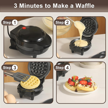 Skiennix Mini Waffle Maker - 3-in-1 Non-Stick Waffle Iron with 6 Removable Plates | Black, 4.5" Size
