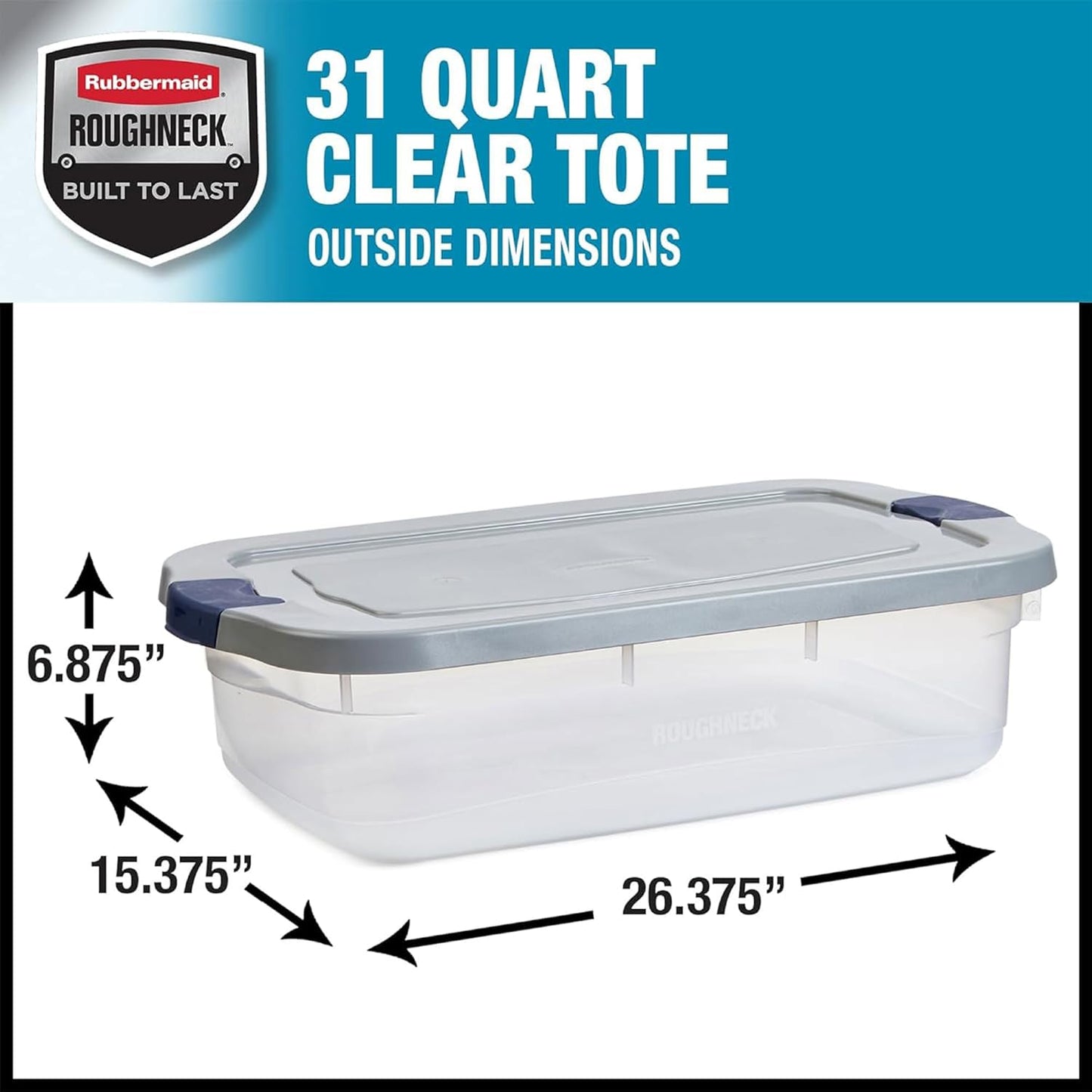 Rubbermaid Roughneck 31 Qt Clear Storage Containers - Pack of 6 with Snap-Fit Grey Lids | Sturdy & Stackable