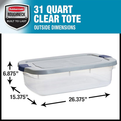 Rubbermaid Roughneck 31 Qt Clear Storage Containers - Pack of 6 with Snap-Fit Grey Lids | Sturdy & Stackable