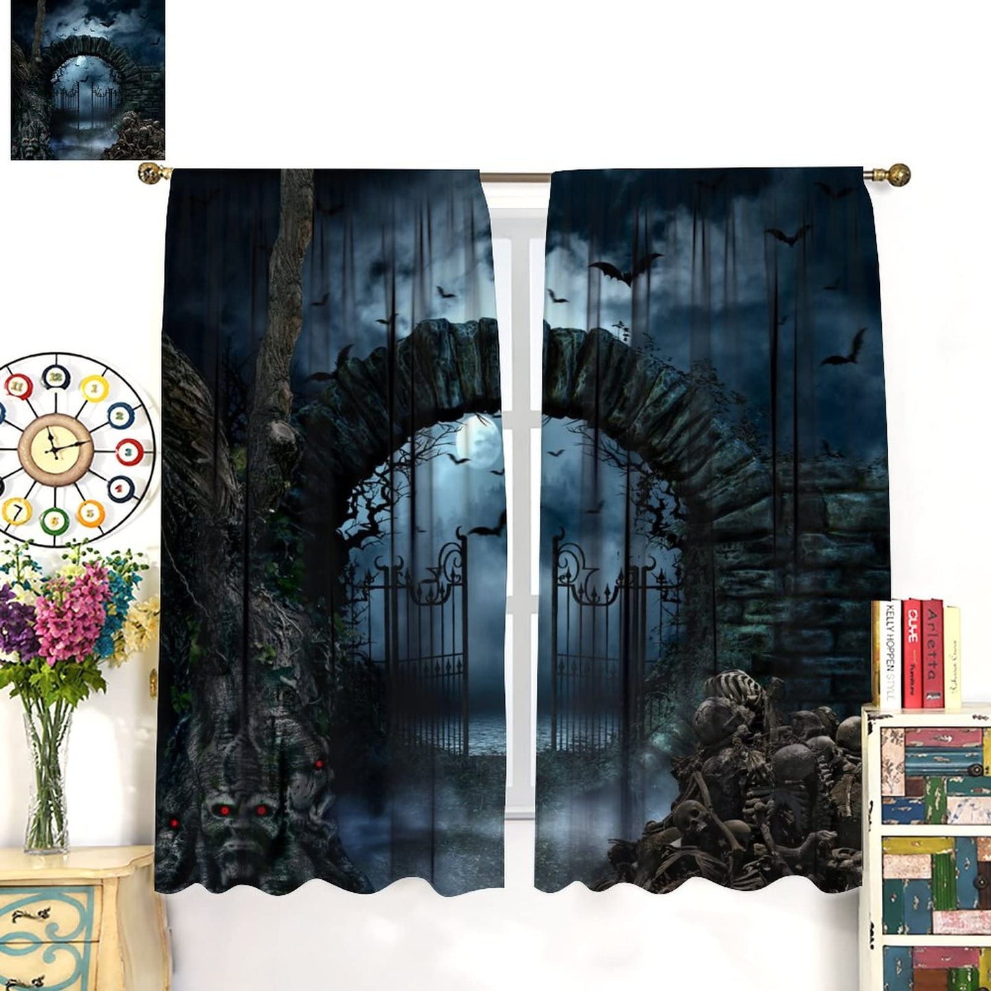 Halloween Gothic Blackout Curtain,Vintage Scary Skull Skeleton Rod Pocket Curtain Bat Full Moon Retro Print Window Drapes for Kids Teen Boy Bedroom Lving Room Party,2 Panels,42x45 Inch,Blue