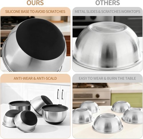 Deedro Premium Mixing Bowls Set - 22Pcs Thicker Stainless Steel with Airtight Lids | Non-Slip Silicone Base, Black
