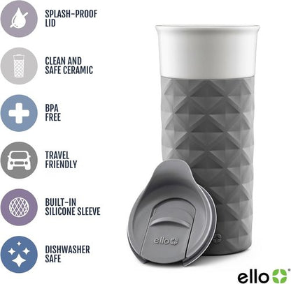 Ello Ogden Ceramic Travel Mug - Splash-Resistant Slider Lid & Silicone Boot | 16 oz Gray, BPA Free & Dishwasher Safe