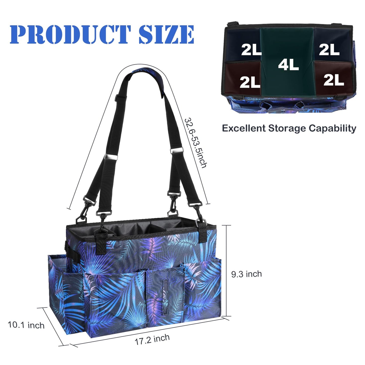 Wearable Cleaning Caddy Bag with Handle, Multi-functional Cleaning Supplies Caddy Organizer with Handle and Shoulder Strap for Car Wash, Gardening Tools, Painting/Picnic Items, Beach (Blue Leaves)