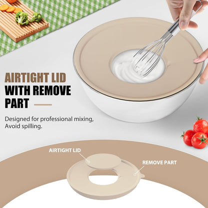 Stainless Steel Mixing Bowls Set by [Brand Name] - 7-Piece with Lids & Grater Attachments | Perfect for Cooking & Baking, Khaki