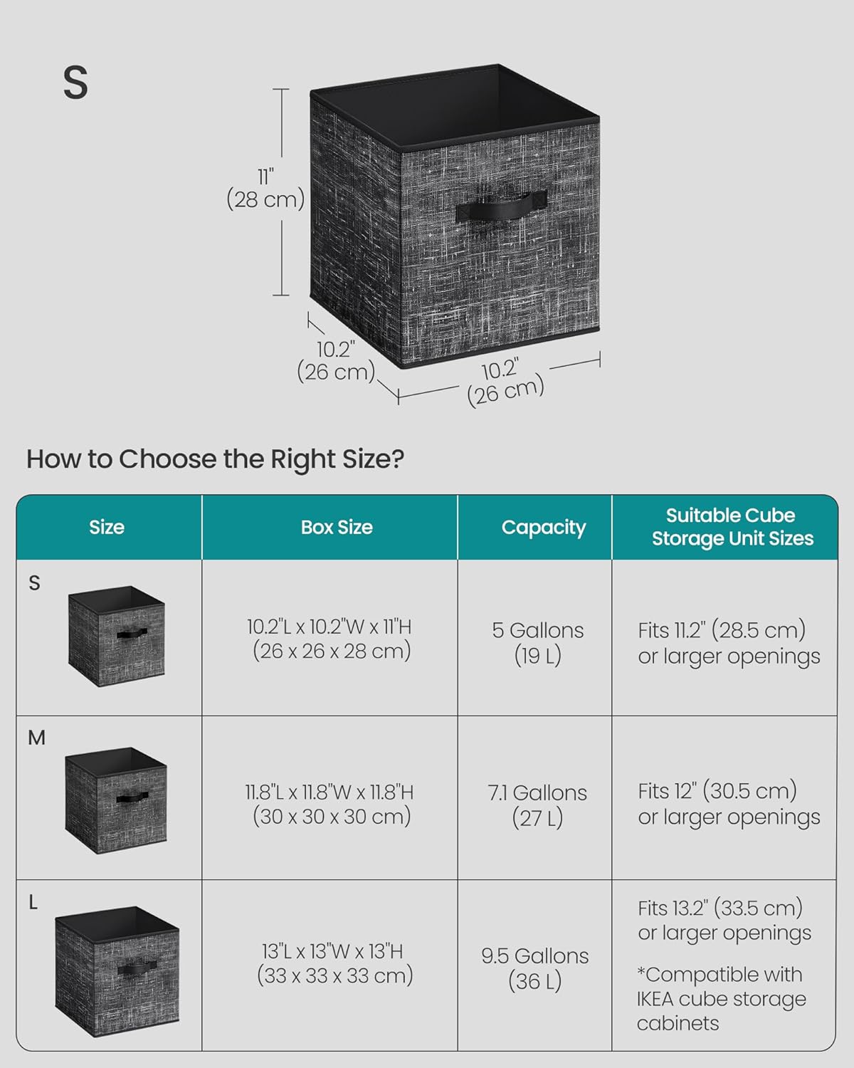 SONGMICS Storage Cubes - Foldable Non-Woven Fabric Bins with Double Handles - Set of 10, Ink Black, 10.2 x 10.2 x 11 Inches