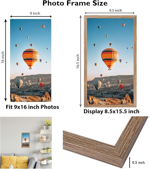 JCJMY 9x16 Rustic Brown Picture Frame - Versatile Wall Mounting for Horizontal or Vertical Display