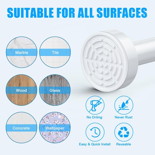 TEECK Shower Curtain Rod, 32-104 inch Adjustable Spring Tension Curtain Rod, Never Rust Anti-Slip Shower Curtain Rod for Bathroom, No Drilling, Never Collapse, Easy to Use, White