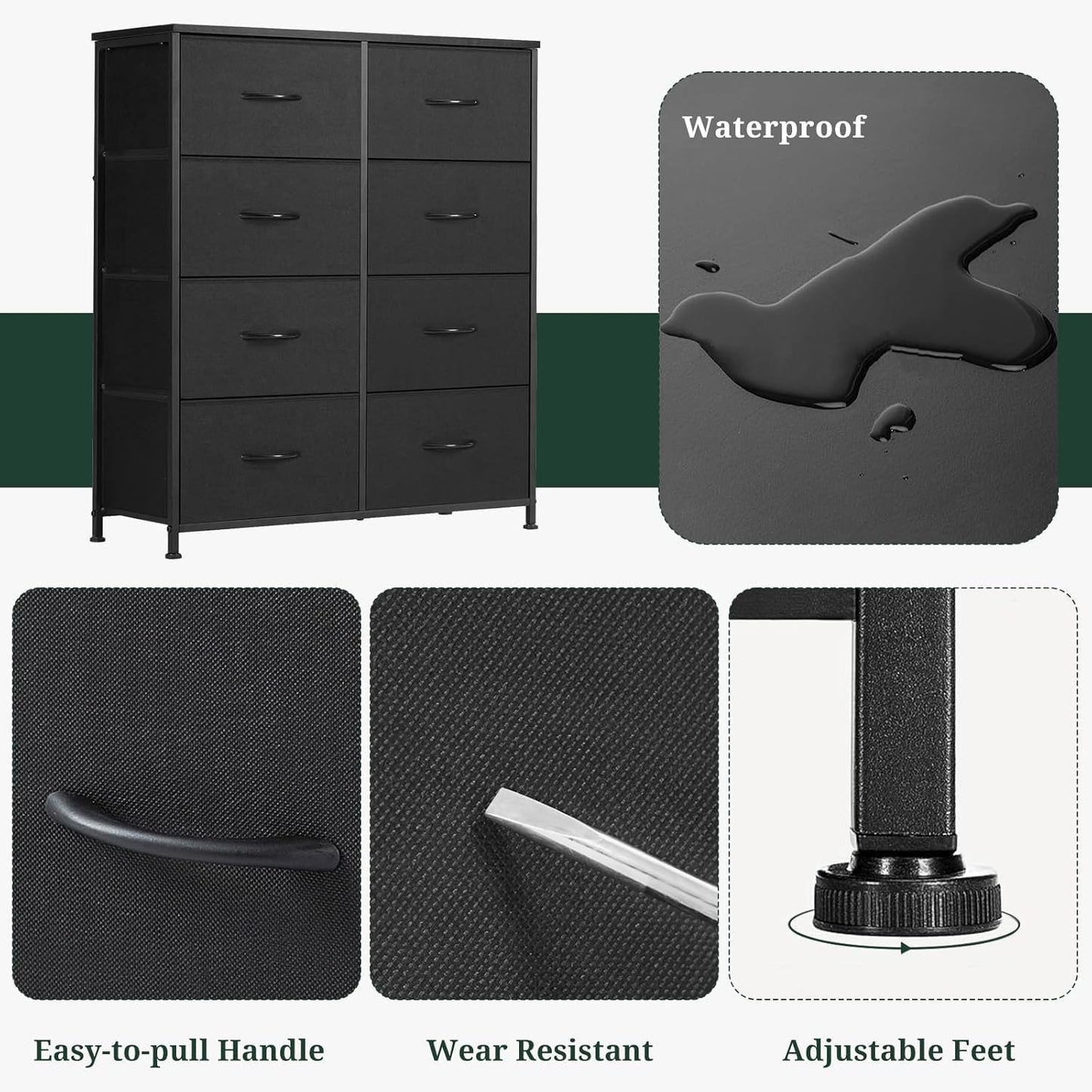 Regine Switzerland 8-Drawer Dresser - Anti-Tip Tall Storage Organizer with Wooden Top & Metal Frame - Black