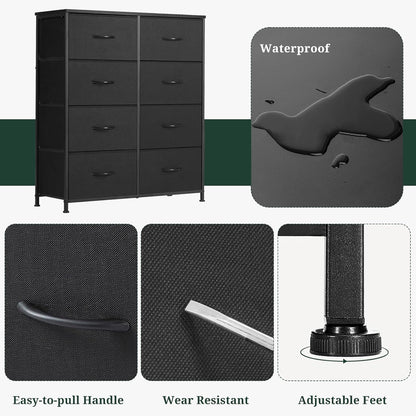 Regine Switzerland 8-Drawer Dresser - Anti-Tip Tall Storage Organizer with Wooden Top & Metal Frame - Black