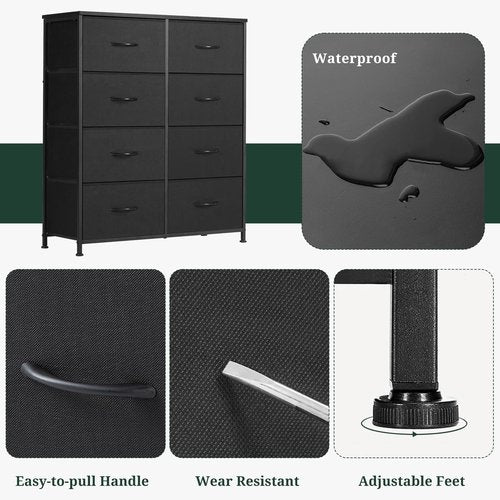 8-Drawer Dresser for Bedroom, Anti-Tip Tall Storage Organizer Chest of Drawers with Wooden Top and Metal Frame Fabric Bins for Closet, Living Room, Hallway, Entryway, Black