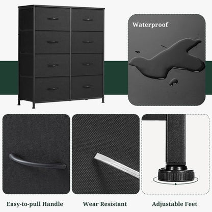 8-Drawer Dresser for Bedroom, Anti-Tip Tall Storage Organizer Chest of Drawers with Wooden Top and Metal Frame Fabric Bins for Closet, Living Room, Hallway, Entryway, Black