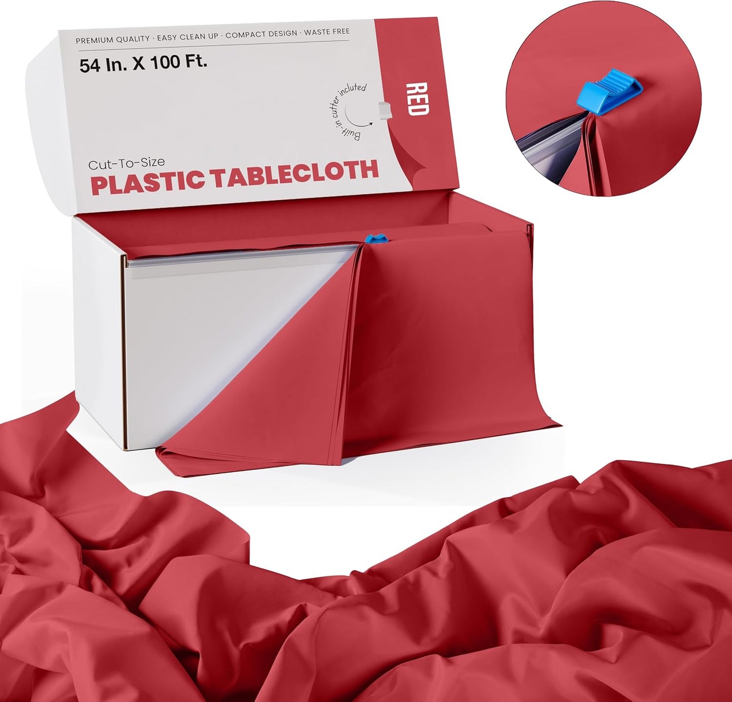 Party Solids Red Plastic Table Cover Roll - 54 Inch x 100 Feet with Slide Cutter | Cuts Up to 12 Tables