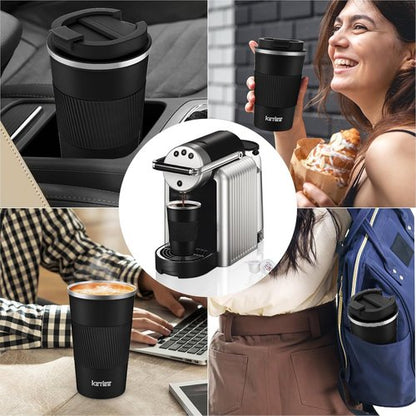 KETIEE Travel Mug - 12oz Vacuum Insulated Coffee Tumbler with Leakproof Lid | Black Stainless Steel