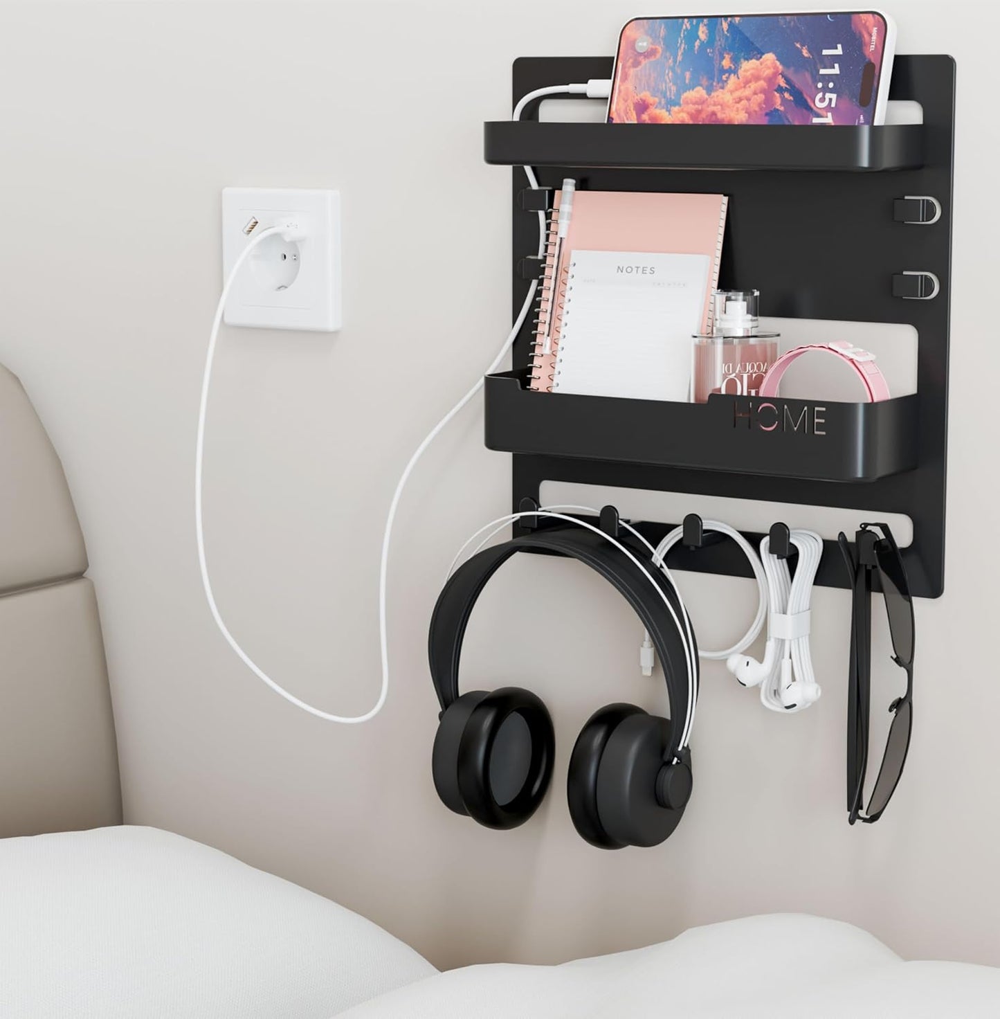 Yieach Bedside Shelf - Wall Mounted Floating Organizer for Remote & Phone | Black Dorm Room Decor