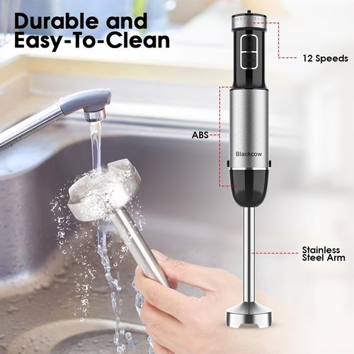 Blackcow Immersion Blender - 800W Electric Hand Blender with Titanium Alloy Blades | 12 Speeds & Turbo for Smoothies, Soups, and Baby Food