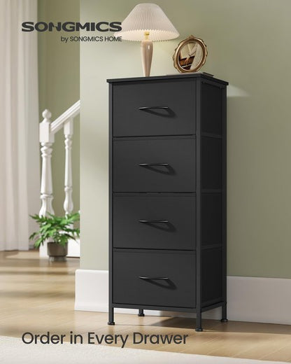 SONGMICS Dresser for Bedroom, Chest of Drawers, Steel, MDF, 4 Non-Woven Fabric Drawers, Storage Organizer Unit, Closet, Entryway, Ink Black and Ebony Black ULGS314B01S