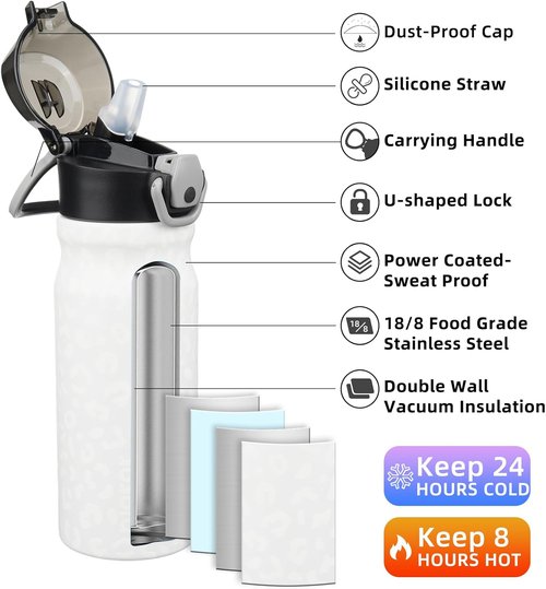 BJPKPK Insulated Water Bottle - 18oz Stainless Steel Flask with Straw, Leak-Proof Lid & Carry Handle | Cream Leopard