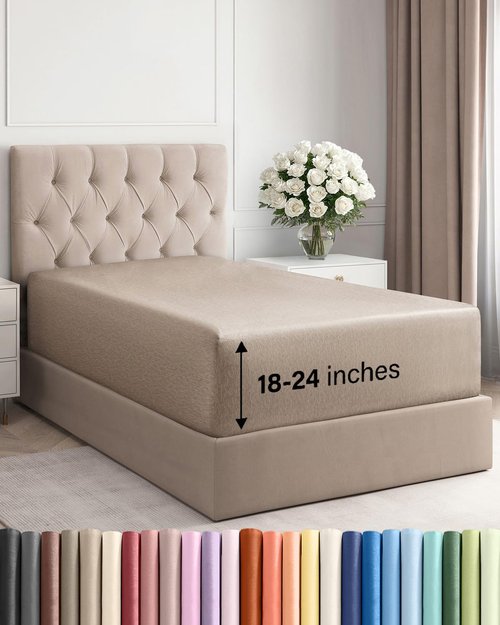 Extra Deep Twin Fitted Sheet - Hotel Luxury Single Fitted Sheet Only - Easily Fits 18 inch to 24 inch Mattress - Ultra Soft, Wrinkle Free w/Extra Deep Pockets - Breathable & Comfy - Heathered Beige