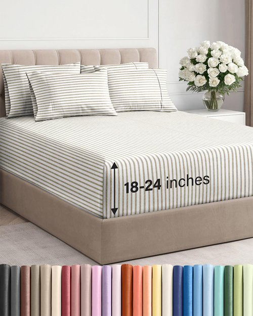 Extra Deep Queen Sheet Set - 6 Piece Breathable and Cooling Sheets - Hotel Luxury Bedding for Women, Men, Kids & Teens - Easy Secure Fit - Soft & Wrinkle Free with Extra Deep Pockets - Beige Stripes