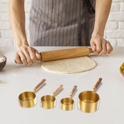 8 Piece Premium Stainless Steel Measuring Cups with Wood Handles, Gold Measuring Cups and Spoons Set,4 Stackable Wooden Measuring Cups and 4 Measuring Spoons Set for Baking Supplies in the Kitchen