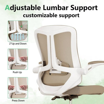 Ergonomic Office Chair with Lumbar Support, High Back Mesh Desk Chair with Flip-Up Arms, Adjustable Computer Task Chair, Khaki