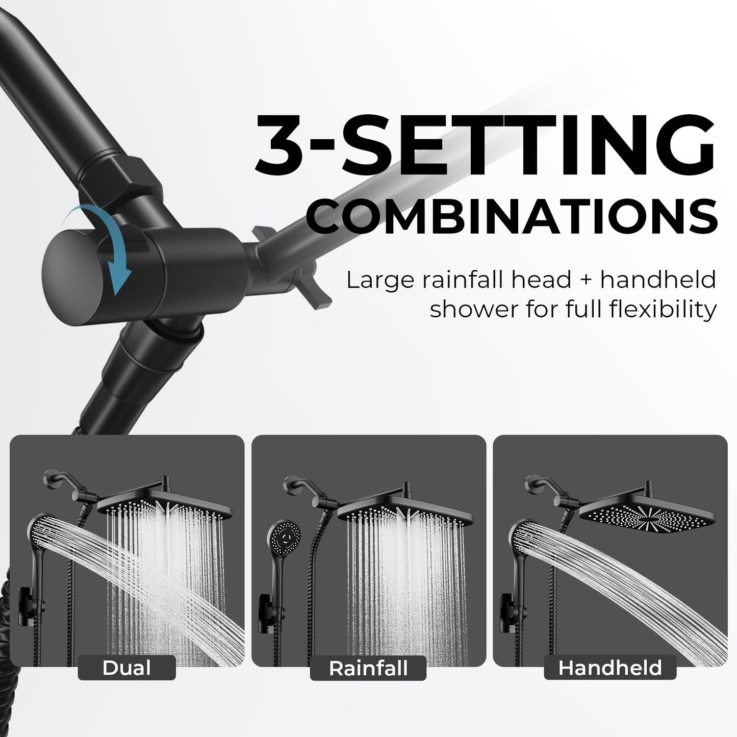 Seacity Wide Rain Shower Head With 5 Modes Handheld Showerheads, High Pressure Showerhead Combo with Extension Arm for Bathroom Accessories, Adjustable Shower Head with Anti-Clog Nozzles (Black)