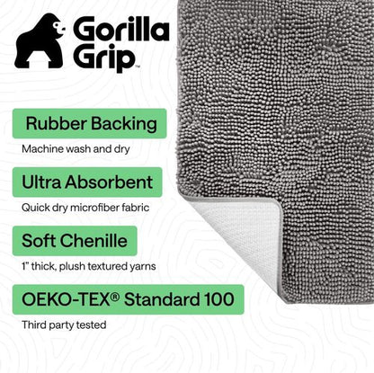 GORILLA GRIP Bath Rug Mat - Soft Absorbent Chenille | Quick Dry Microfiber, 36x24, Grey
