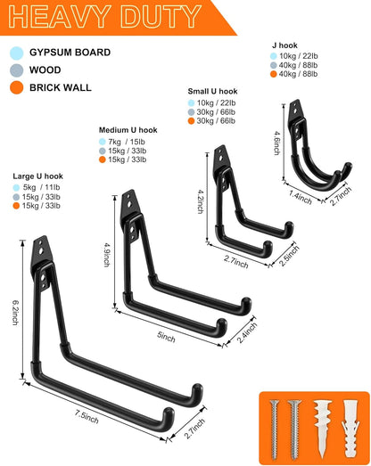 QcoQce Heavy-Duty Garage Hooks - 14 Pack Wall Mount Storage Solution for Bikes, Ladders & Tools