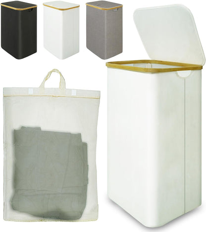 Bamboo Laundry Hamper - 88L Collapsible Basket with Lid & Handle | Waterproof Organizer for Bedroom & Bathroom