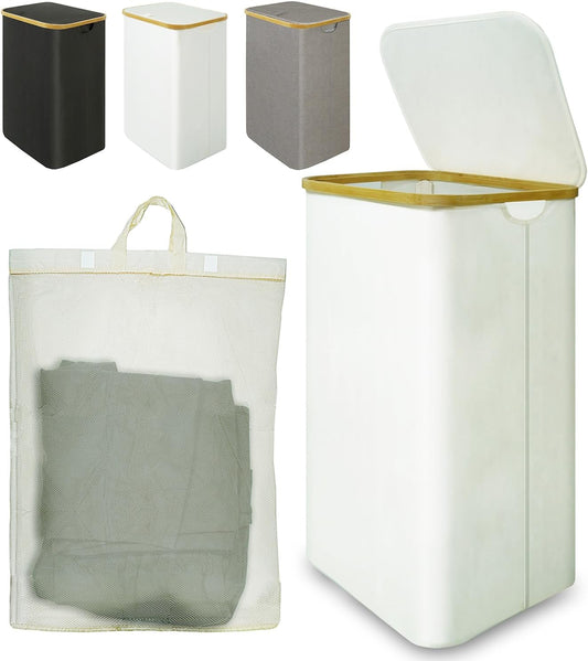 Bamboo Laundry Hamper - 88L Collapsible Basket with Lid & Handle | Waterproof Organizer for Bedroom & Bathroom