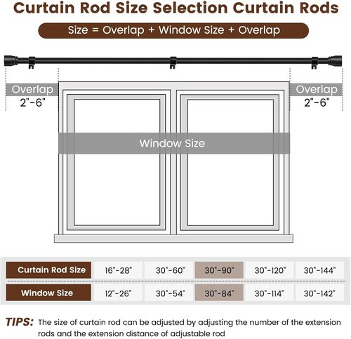 Matte Black Curtain Rods by [Brand Name] - Heavy Duty Adjustable 30-90 Inch, 2 Pack for 30-84 Inch Windows