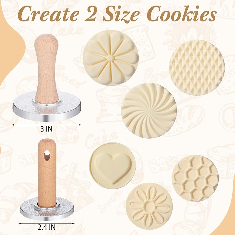 Cookie Stamp Set of 6 with Wooden Handle – Metal Cookie Press Cutters for Embossing