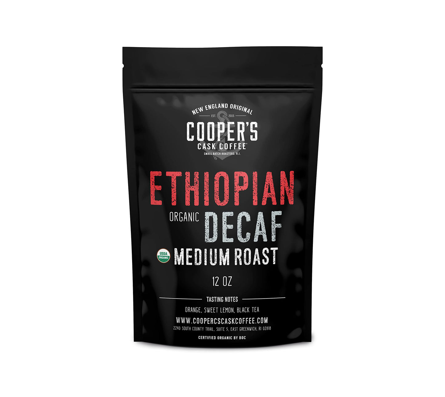 Organic Ethiopian Decaf Medium Roast Water Processed Whole Bean Coffee (12oz Whole Bean)